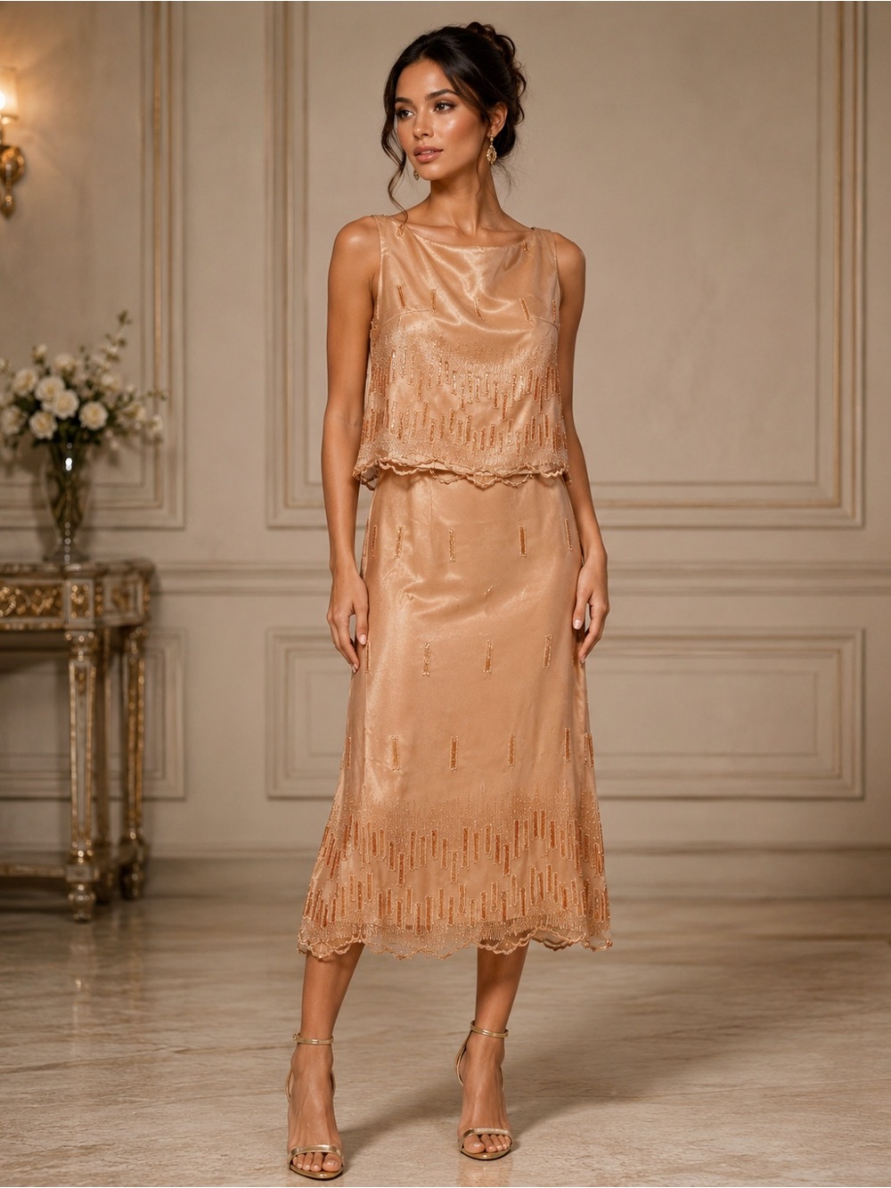 Couture Sequined dress designed by Jed Sevilla ~ 2 Piece ~Creamy Taupe